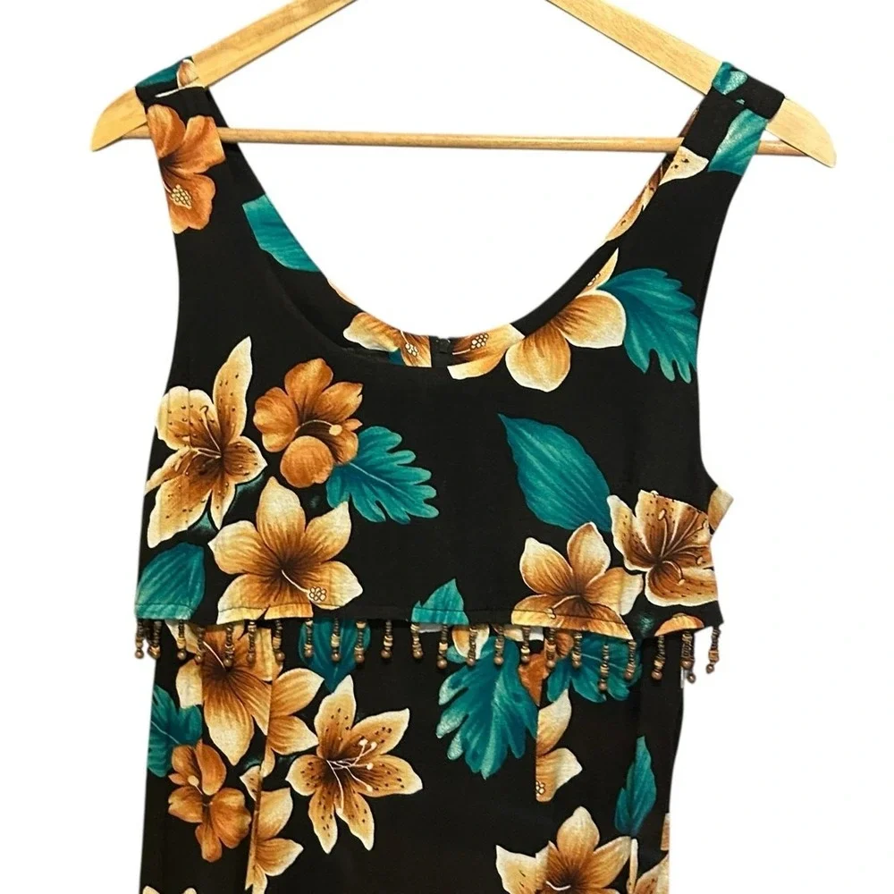 Vintage Y2K Maxi Dress 6‎ Black Tropical Floral Beaded Resort Beachwear Vacation